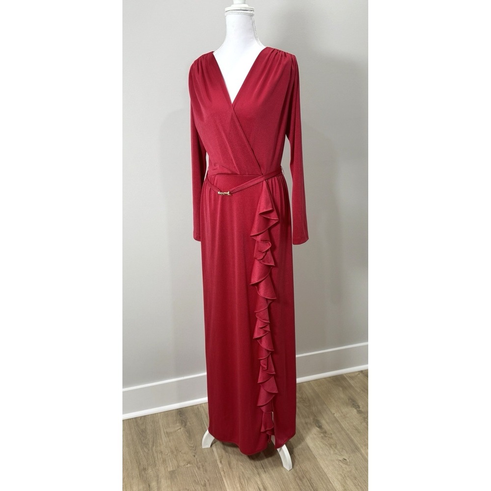 Vintage Dark Pink Maxi Dress‎ Long Sleeve Ruffle Belted Draped 70s Style Size S